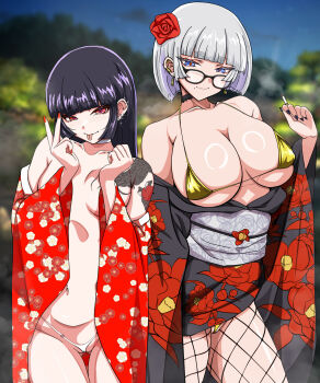 2girls arm_tattoo barbell_piercing bare_shoulders bikini bikini_under_clothes black-framed_eyewear black_choker black_hair black_kimono black_nails blue_eyes blurry blurry_background breasts choker commentary_request ear_piercing earrings fishnet_pantyhose fishnets floral_print flower glasses gold_bikini hair_flower hair_ornament highres industrial_piercing japanese_clothes jewelry kimono large_breasts looking_at_viewer medium_hair micro_bikini mole mole_under_mouth multiple_girls nail_polish navel_piercing night off_shoulder original outdoors pantyhose piercing red_eyes red_kimono red_nails red_pupils sakurein sash small_breasts smoking swimsuit tattoo v white_bikini white_choker white_hair white_sash wide_sleeves
