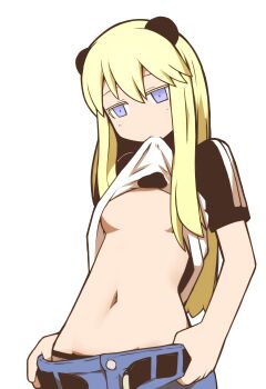 Rule 34 | 1girl, animal ears, belt, black panties, blonde hair, blue eyes, breasts, clothes lift, female focus, hen zemi, long hair, makiko gregory, mouth hold, navel, nns (sobchan), no bra, panda ears, panties, pants, shirt lift, small breasts, solo, underboob, underwear, undressing
