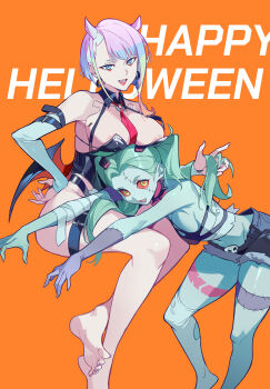 2girls absurdres bare_shoulders bat_wings bigroll breasts colored_sclera colored_skin cyberpunk:_edgerunners cyberpunk_(series) detached_collar eyeliner green_hair halloween happy_halloween highres leg_tattoo leotard looking_at_viewer lucy_(cyberpunk) makeup multicolored_hair multiple_girls rebecca_(cyberpunk) red_eyeliner red_sclera short_hair shorts small_breasts strapless strapless_leotard tattoo torn_clothes torn_socks twintails wings