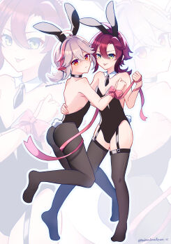 2boys absurdres animal_ears ass black_hairband black_leotard black_pantyhose black_thighhighs blush bow closed_mouth commentary_request fake_animal_ears genshin_impact green_eyes hairband highres kaedehara_kazuha leotard long_hair male_focus mina_(minaleafeon_c) mole mole_under_eye multicolored_hair multiple_boys pantyhose pink_bow pink_ribbon playboy_bunny rabbit_ears red_eyes red_hair ribbon shikanoin_heizou streaked_hair thigh_strap thighhighs tongue tongue_out white_hair yaoi zoom_layer