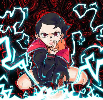 1girl 1her0 black_background black_hair black_jacket boruto:_two_blue_vortex chidori_(naruto) commentary electricity electrokinesis english_commentary fishnet_sleeves fishnets frown full_body hand_on_ground hand_up highres jacket kuji-in looking_at_viewer mangekyou_sharingan naruto_(series) pink_lips pursed_lips red_background red_eyes sharingan short_hair solo squatting thigh_strap torn_clothes torn_jacket torn_sleeves uchiha_sarada uchiha_symbol v-shaped_eyebrows