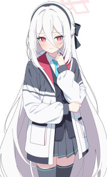 1girl black_bow black_hairband black_thighhighs black_vest blue_archive blue_necktie blush bow dot_nose foulo_paints hair_between_eyes hair_bow hairband half_updo halo hand_up highres jacket kei_(blue_archive) kei_(new_body)_(blue_archive) long_hair long_hair_between_eyes necktie open_clothes open_jacket pink_halo pleated_skirt rectangular_halo red_eyes shirt simple_background skirt solo thighhighs very_long_hair vest white_background white_hair white_jacket white_shirt zettai_ryouiki