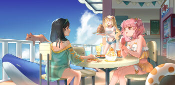 3girls bikini bikini_skirt black_hair blonde_hair blue_sky bow bowl bra_strap cat chair closed_eyes closed_mouth commentary cross-laced_clothes cross-laced_sleeves cutoffs day denim denim_shorts exposed_pocket eyewear_on_head food food_bite gina_61324 glass green_shirt hair_bow holding holding_food holding_ice_cream_cone ice_cream_cone inflatable_toy inflatable_whale long_hair medium_hair menu_board midriff multiple_girls off_shoulder on_chair open_mouth original outdoors panty_straps pink_hair ponytail red_eyes see-through_clothes see-through_shirt shirt short_shorts shorts sitting sky sleeping_animal slice_of_life swimsuit symbol-only_commentary table thigh_strap three-quarter_sleeves tied_shirt tongue tongue_out twintails visor_cap walking white_shirt yellow_bikini