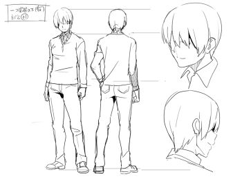 1boy arms_at_sides asaoka_arata collared_shirt covered_eyes from_behind full_body hair_over_eyes kedamono-tachi_no_sumu_ie_de legs_apart monochrome multiple_views pants reference_sheet shirt shoes sketch standing sweater_vest takeda_hiromitsu translation_request turnaround white_background