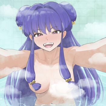 Rule 34 | bathtub, bow, breasts, commentary request, completely nude, convenient hair, hair bow, hair over breasts, highres, in bathtub, kie (fvha3888), long hair, looking at viewer, nude, open mouth, purple hair, ranma 1/2, red eyes, shampoo (ranma 1/2), smile, steam, water, wet, yellow bow