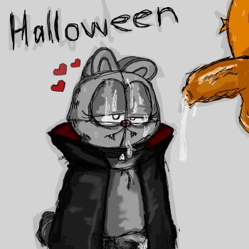 2boys after_masturbation animal_ears bad_tag black_cape black_eyes blood blood_in_mouth bright_pupils cape cat_ears collar cum cum_on_body cumdrip dracula dripping english_text erection eyelashes facial fangs foreskin fur_earrings furry garfield garfield_(character) grey_background grey_fur half-closed_eyes half-erect halloween heart highres ibispaint_(medium) large_penis markings multiple_boys narrowed_eyes nermal non-web_source orange_fur penis peregar_54_rus short_ears simple_background small_penis sony striped_fur sweat tabby_cat tail teeth testicles unretracted_foreskin vampire veins veiny_penis wet white_pupils yaoi