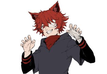 &gt;:) 1boy animal_ear_fluff animal_ears bandage_over_one_eye bandages black_sleeves claw_pose fangs freckles grey_hoodie highres hood hoodie indie_virtual_youtuber looking_at_viewer red_eyes red_hair red_sweater sharp_teeth short_hair simple_background sleepyxah_(vtuber) smile solo sweater teeth v-shaped_eyebrows virtual_youtuber white_background zyli_(zyli_art)