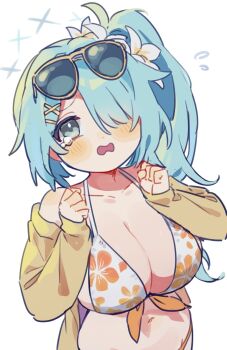 1girl aqua_eyes aqua_hair bikini blue_archive breasts cleavage commentary_request eyewear_on_head floral_print floral_print_bikini flower flying_sweatdrops from_above hair_flower hair_ornament hair_over_one_eye halo highres hiyori_(blue_archive) hiyori_(swimsuit)_(blue_archive) jacket large_breasts long_hair long_sleeves looking_at_viewer navel official_alternate_costume open_mouth orange_bikini print_bikini simple_background solo stomach swimsuit tearing_up tokage_(pr) upper_body white_background white_flower yellow_jacket