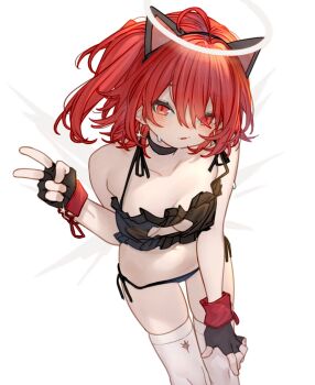 1girl alternate_costume animal_ear_hairband animal_ears arknights black_bra black_gloves black_panties blush bra breasts cat_ears cleavage cleavage_cutout clothing_cutout commentary detached_wings earrings exusiai_(arknights) fake_animal_ears fingerless_gloves gloves hairband halo highres jewelry kochiya_(gothope) looking_at_viewer medium_hair panties red_eyes red_hair small_breasts solo symbol-only_commentary thighhighs traditional_halo underwear v white_background white_halo white_thighhighs wings