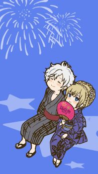 1boy 1girl 2018 alternate_costume amadeus_mozart_(grimms_notes) bad_id bad_pixiv_id black_kimono black_sandals blonde_hair blue_background blue_eyes blue_kimono blush_stickers braid bright_pupils closed_eyes closed_mouth collarbone fireworks full_body grimms_notes hand_fan highres holding holding_fan japanese_clothes kimono looking_up marie_antoinette_(grimms_notes) marie_antoinette_(original)_(grimms_notes) medium_hair misoshiru_umai4 sandals short_hair simple_background sitting smile star_(symbol) white_pupils