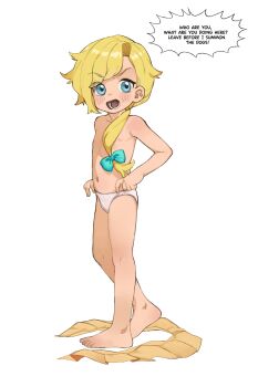 1girl absurdres annoyed bad_tag blonde_hair blue_eyes blush english_text feet female_focus full_body hair_ribbon highres loli long_hair looking_at_viewer navel nipples original panties ponytail ribbon skirt smile solo standing stomach thighs toes topless_female underwear unworn_skirt white_panties yokappa_(jokappa)
