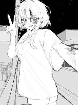 1girl absurdres bleeding blood blood_on_face blush bruise bruise_on_face commentary cowboy_shot cuts ear_piercing earrings greyscale hanataro_(sruvhqkehy1zied) hand_up highres injury jewelry looking_at_viewer messy_hair monochrome night open_mouth original outdoors outstretched_arm piercing reaching reaching_towards_viewer self-harm selfie shirt short_hair_with_long_locks short_sleeves shorts sidelocks sky smile solo star_(sky) starry_sky t-shirt v