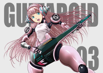 Rule 34 | 1girl, :d, ao usagi, aqua eyes, blunt bangs, female focus, from below, grey background, guitar, guitar girl, headphones, instrument, joints, legs apart, long hair, looking at viewer, mecha musume, mechanical arms, mechanical ears, mechanical legs, music, number tattoo, open mouth, original, pink hair, playing instrument, plectrum, ringed eyes, robot joints, smile, solo, speaker, tattoo