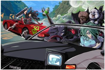 1girl 4boys absurdres behelit berserk black_cape blue_shirt blue_sky breasts cape car clenched_teeth cloud commentary convertible dragonslayer_(sword) drifting driving emphasis_lines english_commentary femto_(berserk) ferrari_testarossa green_eyes green_hair griffith_(berserk) guts_(berserk) hair_over_one_eye helmet highres holding holding_sword holding_weapon initial_d medium_breasts motor_vehicle mountain multiple_boys otaking parody red_eyes red_lips road seatbelt shirt sky slan_(berserk) smile smoke sword teeth tentacle_hair toyota toyota_sprinter_trueno ubik_(berserk) void_(berserk) weapon