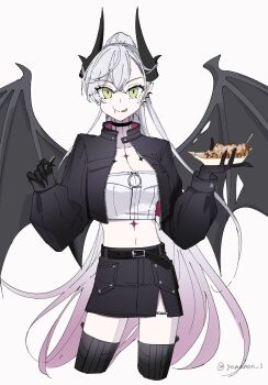 1girl black_hands black_jacket black_skirt black_thighhighs body_markings breasts choker colored_extremities crossed_bangs demon_girl demon_horns demon_wings ear_piercing eating fate/grand_order fate_(series) food green_eyes grey_hair hair_between_eyes high_ponytail highres horns jacket lilith_(fate) lilith_(over_the_same_sky)_(fate) long_hair long_sleeves medium_breasts midriff navel pencil_skirt piercing pointy_ears ponytail shirt skirt smile solo thighhighs very_long_hair white_shirt wings yamamon_0