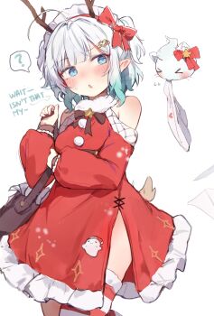 1girl aqua_hair bag bare_shoulders blue_eyes blush brooch commentary deer_tail densetsu.exe dress embarrassed english_commentary fake_antlers highres jewelry maid_headdress mint_fantome open_mouth orobou panties pointy_ears red_dress short_hair shoulder_bag star_brooch striped_clothes striped_thighhighs tail thighhighs thighs underwear unworn_panties virtual_youtuber white_background white_hair white_panties