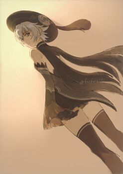 .hack// .hack//g.u. 1girl absurdres backless_shirt backlighting bare_shoulders black_cape black_gloves black_hat black_shorts black_thighhighs cape closed_mouth detached_sleeves dutch_angle facial_mark feet_out_of_frame forhmb111 from_behind gloves gradient_background grey_eyes grey_hair grey_shirt grey_sleeves hat hat_tassel highres light_smile looking_at_viewer looking_back orange_background shino_(.hack//) shirt short_hair shorts simple_background sleeveless sleeveless_shirt sleeves_past_wrists solo teardrop_facial_mark thighhighs turning_head twitter_username warm_colors wing_cape yellow_background