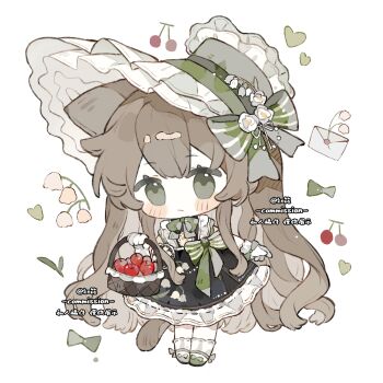 1girl apple basket black_dress blush_stickers bow bowtie brown_hair cherry chibi chibi_only closed_mouth commission double-parted_bangs dress food frilled_dress frills fruit full_body gloves green_bow green_bowtie green_eyes green_hat green_shoes hat heart highres holding holding_basket long_hair original shoes short_sleeves simple_background socks solo standing striped_bow watermark white_background white_gloves white_socks zhixiao