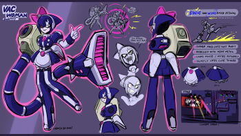1girl angry awd! clenched_teeth closed_mouth commentary english_commentary finger_gun full_body highres mega_man:_dual_override mega_man_(classic) mega_man_(series) mega_man_robot_master_design_contest multiple_views one_eye_closed open_mouth original reference_sheet robot_girl skirt smile stage standing standing_on_one_leg teeth thighhighs tongue tongue_out