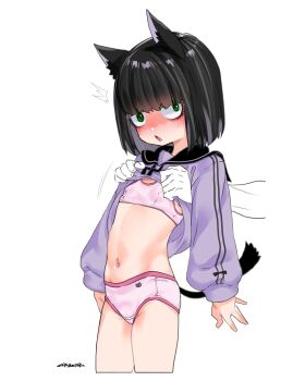 1girl animal_ears blush bralette copyright_request disembodied_hand flat_chest green_eyes highres lifting_another&#039;s_clothes loli mudou_eichi navel panties school_uniform surprised tail underwear white_background