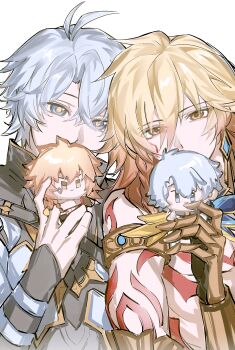 Rule 34 | 2boys, absurdres, antenna hair, arm tattoo, armlet, armor, black coat, black shirt, blonde hair, blue eyes, braid, character doll, chest tattoo, chinese commentary, clawed gauntlets, coat, commentary request, dayang36651, doll, earrings, facial tattoo, gold earrings, gradient hair, highres, holding, holding doll, honkai: star rail, honkai (series), jewelry, male focus, medium hair, multicolored hair, multiple boys, mydei (honkai: star rail), open clothes, open coat, parted bangs, pauldrons, phainon (honkai: star rail), red hair, red tattoo, shirt, short hair, shoulder armor, side braid, single pauldron, tattoo, white coat, white hair, yaoi, yellow eyes