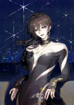 Rule 34 | 1girl, absurdres, bare shoulders, between fingers, black dress, black eyes, black hair, black nails, breasts, chain, chain necklace, chinese commentary, cigarette, commentary request, cowboy shot, deren (path to nowhere), detached collar, dress, earrings, floating hair, gold necklace, highres, holding, holding cigarette, jewelry, large earrings, long hair, long sleeves, looking at viewer, luori dianxin, multiple necklaces, nail polish, necklace, night, off-shoulder dress, off shoulder, outdoors, parted lips, path to nowhere, skyline, small breasts, smile, smoke, smoking, solo, standing, star (sky), water