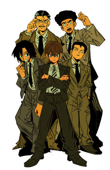 5boys absurdres aizawa_shuuichi black_hair black_necktie black_pants brown_coat brown_hair coat collared_shirt crossed_arms death_note diagonal-striped_clothes diagonal-striped_necktie formal_clothes full_body grey_jacket grey_pants grey_suit hashtag-only_commentary highres jacket looking_at_viewer male_focus matsuda_touta multiple_boys necktie open_clothes open_jacket pants shirt short_hair simple_background standing striped_clothes suit suit_jacket ukita_hirokazu white_background white_shirt xi_luo_an_ya yagami_light yagami_souichirou