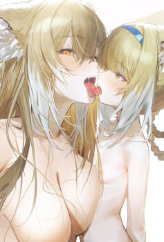 2girls age_difference animal_ear_fluff animal_ears arknights asymmetrical_docking blonde_hair blue_hairband breast_press breasts chinese_commentary commentary_request completely_nude drive_shot fox_ears fox_girl french_kiss hairband highres incest kiss large_breasts loli long_hair looking_at_viewer mother_and_daughter multicolored_hair multiple_girls nude onee-loli open_mouth orange_eyes phone scar scar_on_face small_breasts suzuran_(arknights) tongue tongue_out two-tone_hair vulpisfoglia_(arknights) white_hair yuri