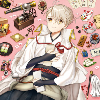 1other androgynous antenna_hair bag bell belt_charm bird black_bridal_gauntlets black_hakama black_sash bridal_gauntlets charm_(object) cherry_blossoms chestnut closed_mouth coat coat_on_shoulders collared_coat cowboy_shot d20_(die) daifuku dango dice duster ema flower food fruit hair_between_eyes hakama hanafuda highres holding holding_letter holding_paper houhou_(black_lack) japanese_clothes jingle_bell katsugeki/touken_ranbu key kimono leaf letter looking_at_viewer lying marble_(toy) neck_tassel obi obijime omamori omelet on_back osechi other_focus paper phonograph pigeon pink_background pink_flower polyhedral_dice rope saniwa_(katsugeki/touken_ranbu) saniwa_(touken_ranbu) sanshoku_dango sash shimenawa short_hair side_part sideways_glance smile solo tamagoyaki tassel telescope touken_ranbu umeboshi wagashi waist_cape white_coat white_hair white_kimono yellow_eyes