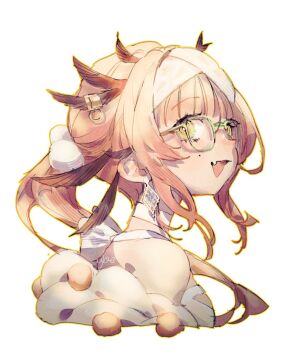Rule 34 | 1girl, arknights, bare shoulders, breasts, choker, commentary request, cropped shoulders, diamond-shaped earrings, earrings, erato (arknights), erato (untold stories) (arknights), fang, feather hair, from side, glasses, hairband, highres, jewelry, long hair, looking at viewer, looking back, medium breasts, mole, mole under eye, pink hair, pom pom hat ornament, ponytail, sidelocks, sideways glance, signature, simple background, skin fang, solo, ujoe 7hr, white background, white choker, white hairband, wispy bangs, yellow eyes