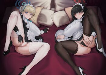2girls absurdres alternate_breast_size alternate_costume apron ass bed bed_sheet black_footwear black_hair black_panties black_thighhighs blonde_hair blue_archive blue_eyes blue_halo blush bow bowtie breasts bright_pupils bun_cover commentary english_commentary enmaided female_pubic_hair fingerless_gloves gloves hair_bun hair_ornament hairclip halo high_heels highres huge_breasts indoors kuutamo large_breasts legs_apart long_hair looking_at_viewer lying m_legs maid maid_apron maid_headdress medium_breasts multiple_girls on_bed on_side open_mouth panties parted_lips partially_visible_vulva pillow pubic_hair red_eyes rio_(blue_archive) bad_tag bed_sheet spread_legs thick_thighs thighhighs thighs toki_(blue_archive) underwear white_apron white_panties white_pupils white_thighhighs