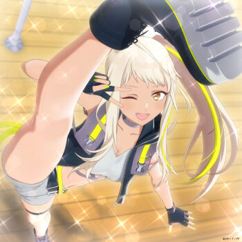 1girl 3d belt black_gloves black_shoes blonde_hair blush boots breasts choker cleavage collarbone crop_top fingerless_gloves gloves grey_shorts jacket large_breasts leg_lift leg_up lilia_saijo long_hair looking_at_viewer midriff multicolored_hair navel official_art one_eye_closed open_clothes open_jacket open_mouth pole_princess!! ponytail shoe_soles shoes shorts smile solo sparkle split spread_legs standing standing_on_one_leg standing_split streaked_hair tan thighs v wide_spread_legs yellow_eyes