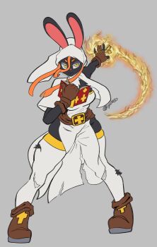 1girl 2025 absurdres bare_shoulders black_fur book boots borrowed_character breasts brown_boots brown_gloves commentary cross detached_collar dress english_commentary female_focus fire floating_hair full_body gloves gold_trim grey_background groin headdress highres holding holding_book legs_apart mage_bun_(niking) magic medium_breasts orange_hair original parted_lips pelvic_curtain rabbit_ears serious sidelocks simple_background skindentation solo thick_thighs thighhighs thighs torn_clothes torn_thighhighs white_dress white_headdress white_thighhighs yellow_eyes yokkolite