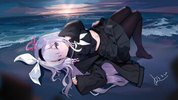 1girl absurdres beach black_dress black_hairband black_jacket black_serafuku black_skirt blue_archive bow commentary_request dress feet hairband halo highres jacket kizu_(8423) long_hair ocean plana_(blue_archive) red_halo ribbon school_uniform serafuku skirt sun sunset thighhighs white_bow white_hair white_ribbon