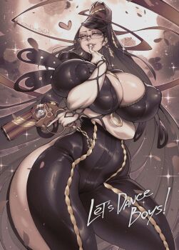 1girl bayonetta bayonetta_(series) black_hair bodysuit breasts covered_erect_nipples english_text finger_to_mouth from_below glasses gloves gofa gun heart highres holding holding_gun holding_weapon huge_breasts impossible_bodysuit impossible_clothes long_hair looking_at_viewer looking_down parted_lips solo standing thick_thighs thighs very_long_hair weapon white_gloves