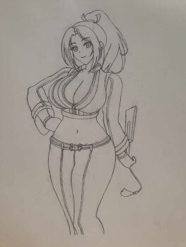 Rule 34 | 1girl, breasts, cleavage, fatal fury, fatal fury: city of the wolves, female focus, gloves, hand fan, holding, holding fan, jacket, large breasts, long hair, midriff, navel, pants, ponytail, shiranui mai, smile, solo, standing