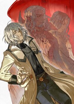 3boys balcony black_cape blonde_hair cape castlevania:_aria_of_sorrow castlevania:_lament_of_innocence castlevania_(series) chain chain_necklace closed_eyes dracula_(castlevania) dual_persona facial_hair goatee grey_pants highres jewelry keiseki1 male_focus mathias_cronqvist mature_male medium_hair multiple_boys necklace pants pointy_ears soma_cruz turtleneck white_hair