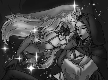 2girls acheron_(honkai:_star_rail) bare_shoulders black_gloves black_swan_(honkai:_star_rail) breasts commentary couple crznoodls dress elbow_gloves english_commentary gloves hair_spread_out highres honkai:_star_rail honkai_(series) large_breasts long_hair monochrome multiple_girls open_mouth purple_dress purple_hair purple_sleeves purple_veil single_wide_sleeve veil very_long_hair yuri