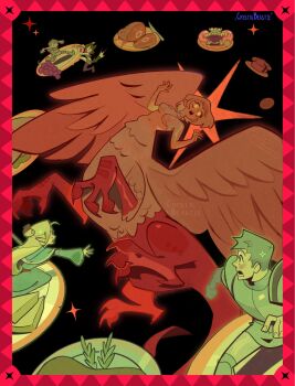 3boys 3girls animal_ears armor artist_name beard black_background black_hair blonde_hair blue_robe boned_meat border breasts cat_ears cat_girl cat_tail chilchuck_tims commentary crystalbeastie dungeon_meshi dwarf elf facial_hair fake_horns falin_touden falin_touden_(chimera) feathered_wings food fruit glowing glowing_eyes grapes half_updo halfling helmet highres horned_helmet horns izutsumi laios_touden long_hair marcille_donato meat medium_breasts midriff monster_girl multiple_boys multiple_girls open_mouth outstretched_hand paladin pauldrons pie plate_armor poi pointy_ears red_border robe senshi_(dungeon_meshi) short_hair shoulder_armor tail underboob wings