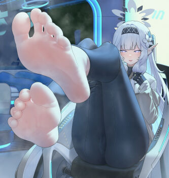 1girl absurdres bad_anatomy barefoot blue_archive blush feet feet_up highres himari_(blue_archive) long_hair looking_at_viewer miaokong open_mouth pointy_ears purple_eyes smell soles steam toes white_hair