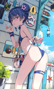1girl anal_beads ass bag bare_arms bare_shoulders bikini bikini_bottom_lift bikini_bottom_pull blue_bikini blue_hair blue_sky blush breasts cloud come_hither commentary_request condom condom_packet_strip condom_wrapper day double_bun fellatio_gesture from_behind hair_between_eyes hair_bun hair_ornament half-closed_eyes highres leaning_forward liclac loli looking_at_viewer looking_back money_gesture open_mouth original outdoors pulling_own_clothes red_eyes seductive_gaze sex_toy sky small_breasts solo star_(symbol) star_hair_ornament starfish swimsuit teasing teruterubouzu thong_bikini tongue wrist_cuffs