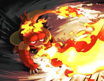black_eyes breath_weapon breathing_fire claws commentary_request fire flame-tipped_tail full_body gen_1_pokemon kumedaira looking_ahead magmar nintendo no_humans pokemon pokemon_(creature) solo tail