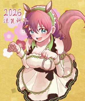 1girl :d animal_ears blue_eyes blush breasts brown_hair carrot_hair_ornament chinese_zodiac cleavage commentary_request dress drill_hair emma_verde food-themed_hair_ornament frilled_dress frills hair_ornament highres horse_ears horse_girl horse_tail large_breasts looking_at_viewer love_live! love_live!_nijigasaki_high_school_idol_club low_drills official_alternate_costume open_mouth sleeveless sleeveless_dress smile solo suzuko_(fragrant_0live) tail twin_drills white_dress year_of_the_horse