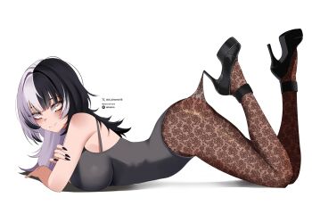 1girl alternate_costume black_hair black_nails breasts closed_mouth grey_hair grey_leotard high_heels hololive hololive_english hooked_on_heel lace_pantyhose lace_pantyhose_hooked_on_heel_(meme) large_breasts leotard long_hair looking_at_viewer lying meme multicolored_hair oioi_ainomo on_stomach shiori_novella smile solo split-color_hair two-tone_hair virtual_youtuber yellow_eyes