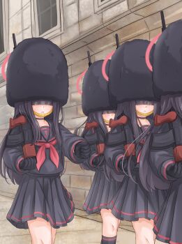 4girls absurdres assault_rifle bearskin_cap black_hair black_hat black_sailor_collar black_serafuku black_shirt black_skirt black_socks blue_archive bullpup closed_mouth commentary_request em-2 feet_out_of_frame frown gun hair_over_eyes hat highres hjhtp holding holding_gun holding_weapon justice_task_force_member_(blue_archive) kneehighs long_hair long_sleeves miniskirt multiple_girls neckerchief outdoors parted_lips pleated_skirt red_neckerchief rifle sailor_collar school_uniform serafuku shirt skirt socks weapon