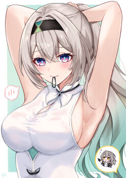 2girls absurdres aqua_background aqua_pupils armpits arms_behind_head arms_up black_headband blush border breasts chibi chibi_inset closed_mouth commentary_request firefly_(honkai:_star_rail) gradient_hair grey_hair hair_between_eyes hair_tie hair_tie_in_mouth headband highres honkai:_star_rail honkai_(series) large_breasts long_hair looking_at_viewer mouth_hold multicolored_eyes multicolored_hair multiple_girls no_jacket outside_border pink_eyes purple_eyes shirt sideboob sleeveless sleeveless_shirt smile solo_focus spoken_blush spoken_character stelle_(honkai:_star_rail) sweat tiizumaru98 trailblazer_(honkai:_star_rail) two-tone_eyes tying_hair upper_body white_border white_shirt