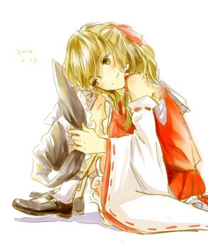 Rule 34 | 1girl, bigreen, black shoes, blonde hair, bow, closed mouth, commentary, cosplay, dated, detached sleeves, frilled hair tubes, frills, hair bow, hair tubes, hakurei reimu, hakurei reimu (cosplay), hat, highres, holding, holding unworn clothes, holding unworn hat, implied yuri, kirisame marisa, long hair, red bow, red skirt, ribbon-trimmed sleeves, ribbon trim, shoes, sitting, skirt, skirt set, smile, socks, solo, touhou, unworn hat, unworn headwear, white socks, yellow eyes