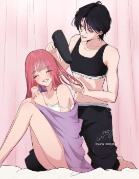 2girls aoi-kun_ga_ikemen_sugite_tsurai aoi_(aoi-kun_ga_ikemen_sugite_tsurai) bare_legs black_pants black_sports_bra camisole closed_eyes commentary_request drying drying_another&#039;s_hair drying_hair hand_in_another&#039;s_hair highres jewelry kneeling long_hair miri_(aoi-kun_ga_ikemen_sugite_tsurai) multiple_girls necklace pants parted_lips pink_hair purple_hair short_hair smile sports_bra stomach white_camisole yanqi_momota yuri