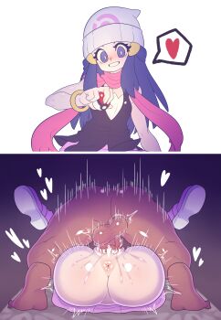 1boy 1girl absurdres anus ass ass_focus beanie bed black_shirt blue_eyes blue_hair bracelet breasts censored clothed_sex dark-skinned_male dark_skin dawn_(pokemon) gold_bracelet hair_ornament hat heart hetero highres holding holding_poke_ball huge_ass instant_loss interracial jewelry kaikoinu looking_at_viewer lying mating_press medium_hair moaning motion_lines nintendo on_back penis pink_scarf pink_skirt poke_ball pokemon pokemon_dppt pussy_juice scarf sex shiny_skin shirt skirt sleeveless sleeveless_shirt small_breasts smile split_screen teeth testicles vaginal white_headwear