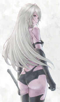 1girl a2_(nier:automata) android ass closed_mouth commentary highres holding holding_sword holding_weapon joints long_hair looking_back nier:automata nier_(series) robot_joints solo sword tomozoo83 weapon whale_tail_(clothing) white_background white_hair